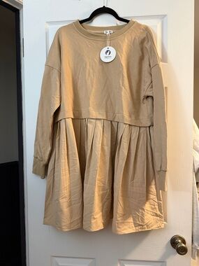 Beige Pleated Sweatshirt Dress - Casual Chic